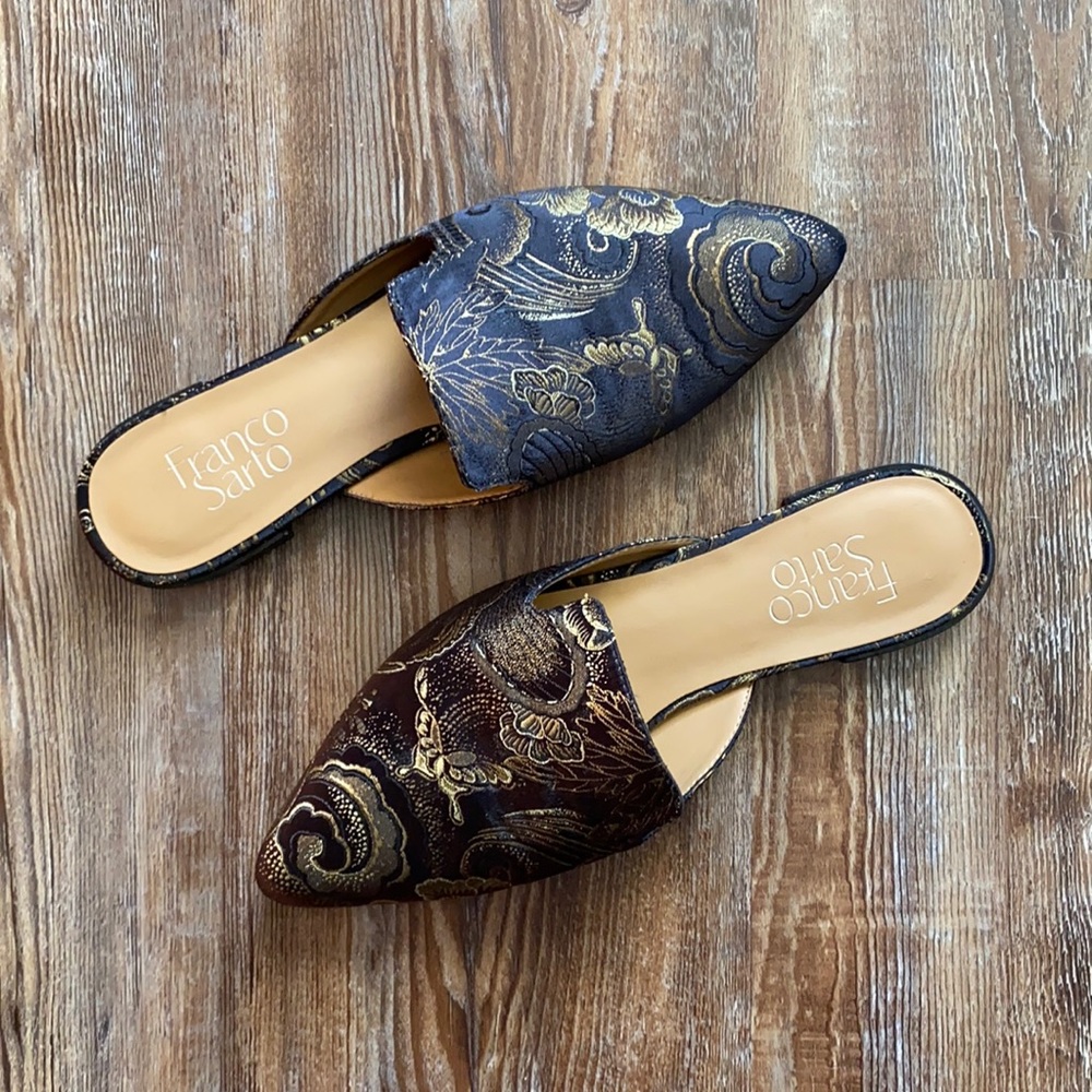 Franco Sarto Black Gold Floral Pointed Toe Slip On Mules Flats - Picture 2 of 5